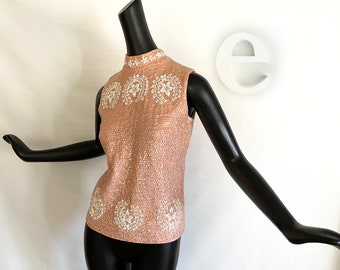 Vintage 50s 60s Pink Beaded Sequin Shell Top | Bombshell Pin Up Mad Men Party | Heavily Embellished Sleeveless Sweater | Sz: Small / Medium