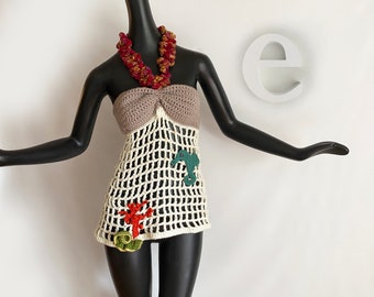 Crocheted Tiki Halter Top! Hawaiian Lei Neckline, Fishnet with Seahorse & Under The Sea Coral! One of a Kind Handmade Sexy Rockabilly Pin Up