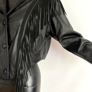 LARGE Black Leather Fringed Jacket Vintage 80s 90s Sexy Western Cowboy Punk Rocker Big Shoulders Nipped Waist Chevron Back Wilson's image 5