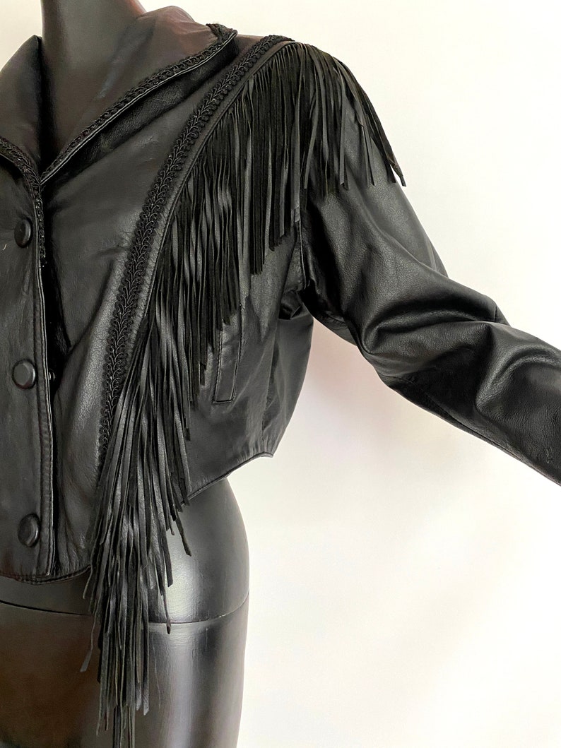 LARGE Black Leather Fringed Jacket Vintage 80s 90s Sexy Western Cowboy Punk Rocker Big Shoulders Nipped Waist Chevron Back Wilson's image 5