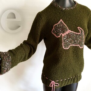 Handmade Scottie Dog Novelty Sweater One of a kind Hand Knit Deep Avocado / Olive Green Lilac Accents & Crocheted dingle ball drawstring image 2