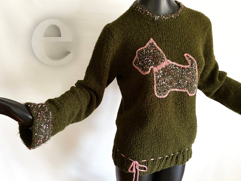 Handmade Scottie Dog Novelty Sweater One of a kind Hand Knit Deep Avocado / Olive Green Lilac Accents & Crocheted dingle ball drawstring image 2