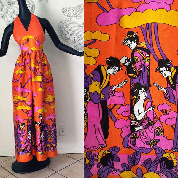 MOD Vintage 70s Halter Dress 1970s Hippie Boho Maxi Dress Coachella Festival Dress Asian Japanese Girl Orange Purple Peter Max Style print