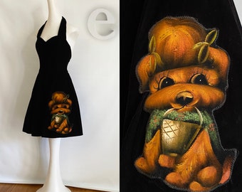 Vintage 70s Black Velvet "Puppy Dog" Halter Dress! | One of a kind Wearable Art Piece | Red Carpet or Runway Event Wear | Hippie Boho Goth