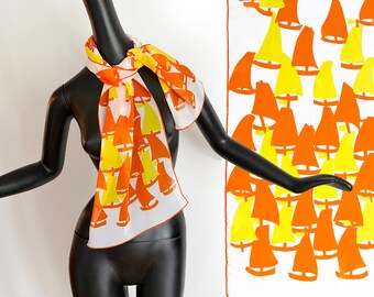 MOD Vintage 70s Sailboat Scarf | Sheer Oblong in Bright Orange & Yellow | Groovy Hippie Boho Rockabilly Nautical Coastal Boats Design 13x52