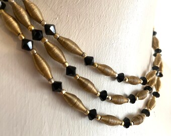 Vintage 40s 50s Rockabilly Necklace • 3 Tier / Three Layer • Black Faceted Beads + Gold Tone Spirals • 1940s 1950s Pin Up Jewelry Accessory