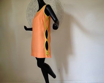 MOD Mini Robe Peek-A-Boo Découpe Twiggy Style Orange Sherbet Maillot de bain Cover Up Carnaby Street vintage 1960s années 60