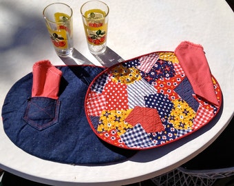 Hippie Boho Calico Patchwork Vintage Hillbilly 1960s 1970s Placemats Napkins 4 pc Set 60s 70s  Polka Dot Denim Blue Jean White Trash Trailer