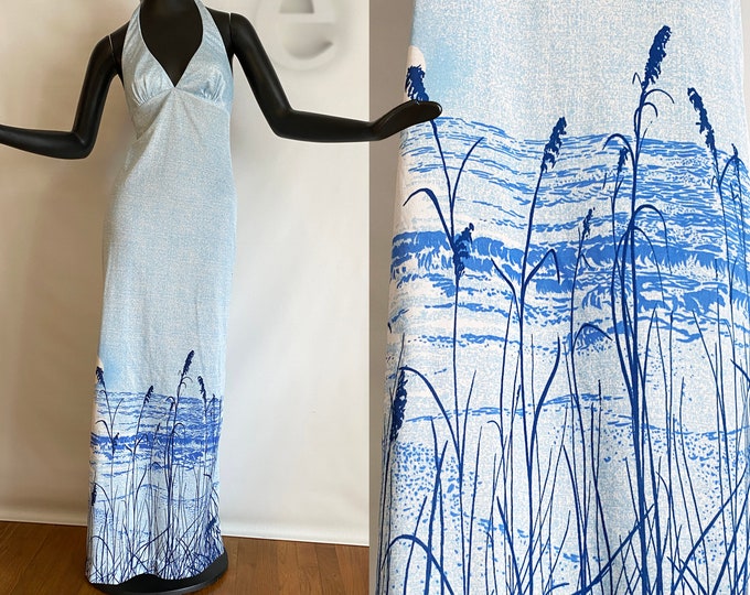 Vintage 70s Swimwear Halter Maxi Dress | Coastal Beach Sea Seagulls ...