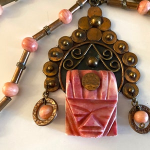Vintage Pink Onyx Mask Necklace 1960s 1970s Mexican Copper Face Pendant Oaxaca Mexico Rockabilly Aztec Jewelry Large Size image 2