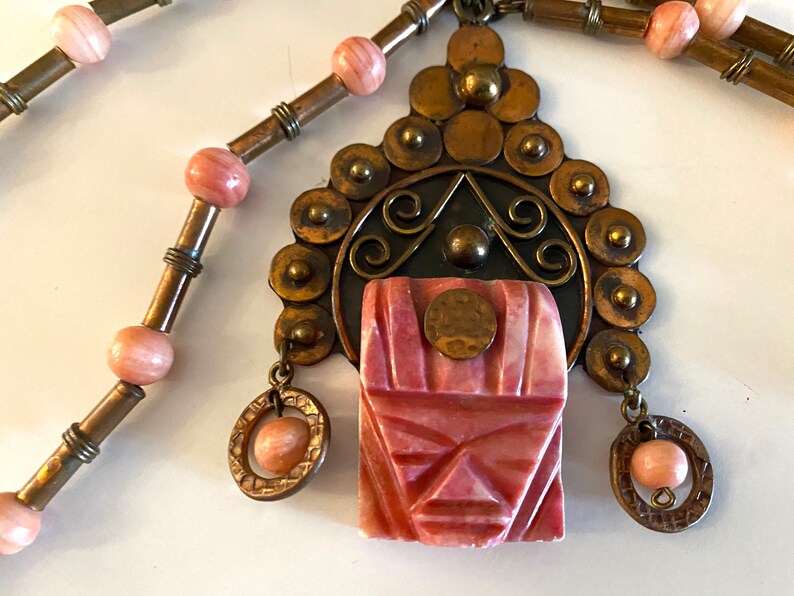 Vintage Pink Onyx Mask Necklace 1960s 1970s Mexican Copper Face Pendant Oaxaca Mexico Rockabilly Aztec Jewelry Large Size image 2