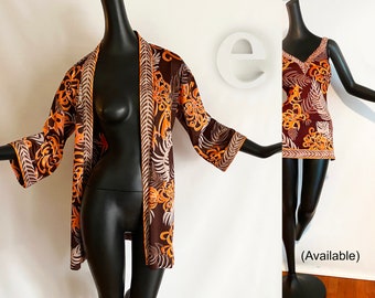 Vintage 60s 70s Swimwear Kimono Cover Up | Rockabilly Hawaiian Tiki Oasis Pin Up Bombshell Robe | Orange Brown Tropical Leaf Print | Roxanne