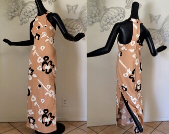 Vintage MOD Hawaiian Maxi Dress Vintage 1960s 1970s 70s Sexy Cut Out Cage Back Tiki Oasis Halter Dress Marimekko Style Flower Power Print SM