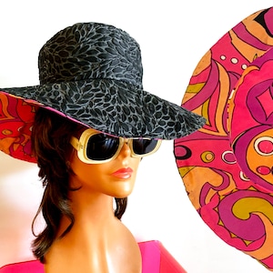 22# Vintage MOD Floppy Sun Hat • Reversible Black Pink Orange Psychedelic Pucci Print 1960s 70s Groovy Hippie Boho Festival • Pony Tail Hole