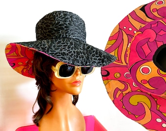 22# Vintage MOD Floppy Sun Hat • Reversible Black Pink Orange Psychedelic Pucci Print 1960s 70s Groovy Hippie Boho Festival • Pony Tail Hole