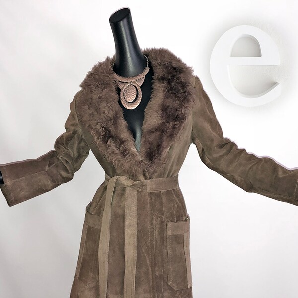 Vintage 70s Leather Hippie Coat 1970s Suede Leather & Genuine Shearling Lamb Fur color w/ Faux Fur Lining Princess Coat Mushroom Brown Small