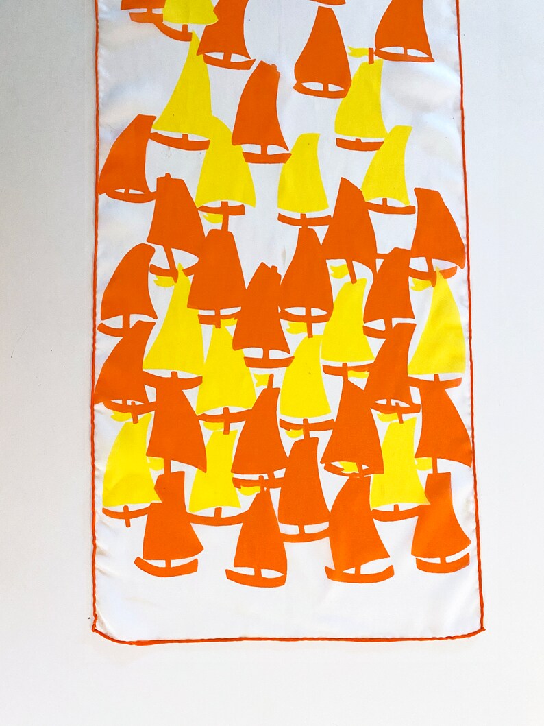 MOD Vintage 70s Sailboat Scarf Sheer Oblong in Bright Orange & Yellow Groovy Hippie Boho Rockabilly Nautical Coastal Boats Design 13x52 image 6