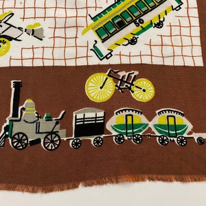 Vintage 40s 50s Transportation Scarf Hot Air Balloon Trolley Cable Car Train Covered Wagon Bicycle Sleigh Paddle Wheel Boat & More image 6