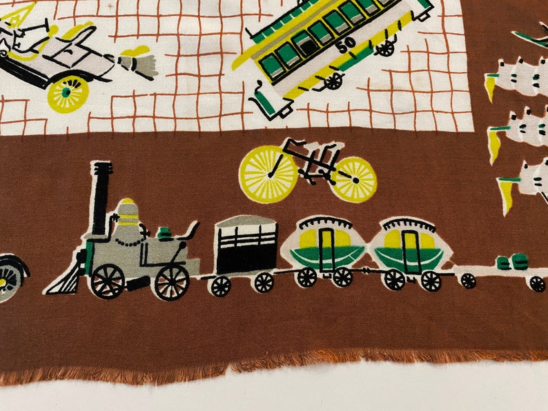 Vintage 40s 50s Transportation Scarf Hot Air Balloon Trolley Cable Car Train Covered Wagon Bicycle Sleigh Paddle Wheel Boat & More image 6