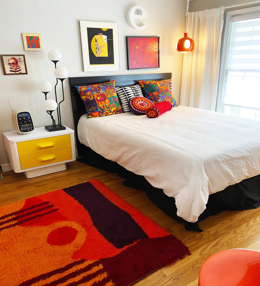 Large Vintage 70 Shag Rug • Living Room 78" X 53" Rya Rug • Red Orange ...