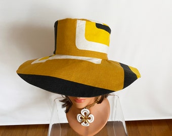 16# MOD Yellow Brown Geometric vintage 60s 70s Fabric Floppy Hat • Groovy Hippie Boho Festival / Hawaiian Tiki Oasis / Beach Pool Sun Hat