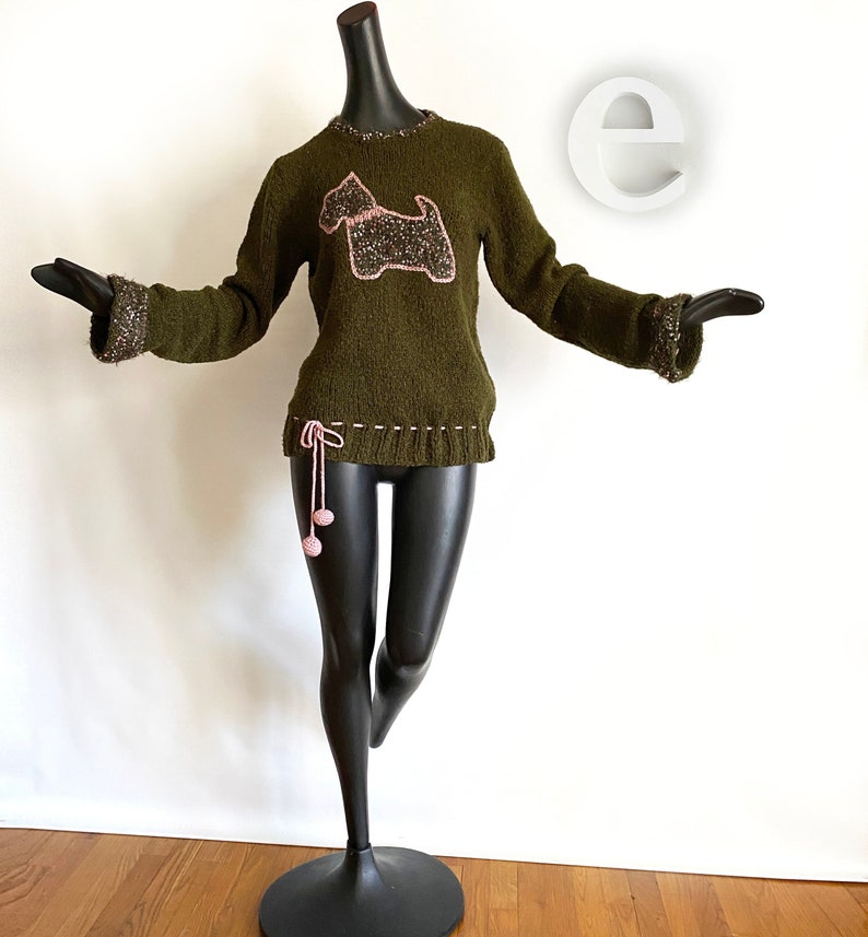 Handmade Scottie Dog Novelty Sweater One of a kind Hand Knit Deep Avocado / Olive Green Lilac Accents & Crocheted dingle ball drawstring image 1