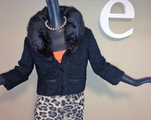 Vintage 50s Black Persian Curly Lamb Jacket W Fur Collar 