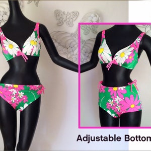 MOD Vintage 60s DeWeese Designs Bikini Swimsuit Adj. High Waist or Low Two Piece Bathing Suit Flower Power NEON Pink Green Spandex SM image 1