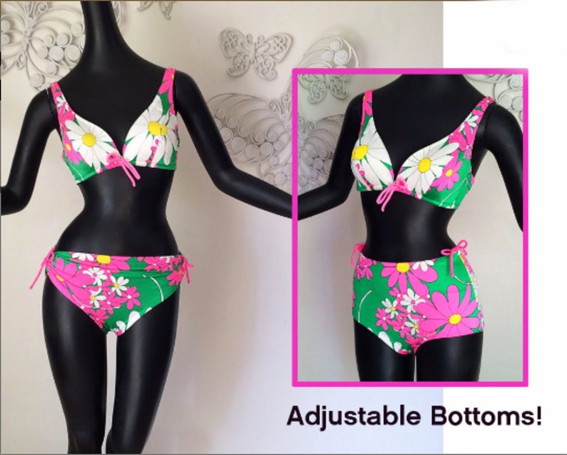 MOD Vintage 60s DeWeese Designs Bikini Swimsuit Adj. High Waist or Low Two Piece Bathing Suit Flower Power NEON Pink Green Spandex SM image 1