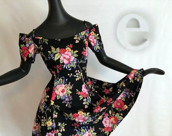 Vintage 80s Romantic Floral Dress • Sexy 1980s 1990s Garden Party Black Floral Fit and Flare Off Shoulder • NOS Deadstock Mint • Size Medium