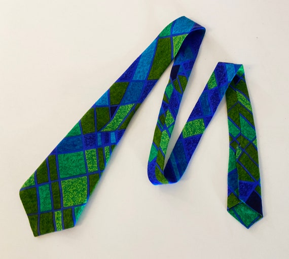 Men's Tiki Necktie | Vintage 60s 70s Tie in Blues… - image 3