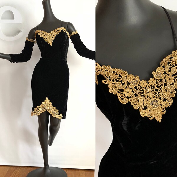 Separate Sleeves 80s Party Vintage Dress 1980s Black Velvet Metallic Gold Lace Strapless Bustier Goth Gothic Sexy Steampunk Prom Formal Med