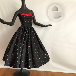 Polka Dot Rockabilly Dress Vintage 50s Pin Up Bombshell Prom Party Gown Black Pink Dots with Red Bust Full Circle Skirt Nautical SM image 4