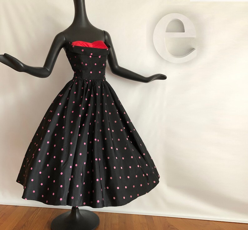 Polka Dot Rockabilly Dress Vintage 50s Pin Up Bombshell Prom Party Gown Black Pink Dots with Red Bust Full Circle Skirt Nautical SM image 4