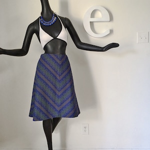 Large Vintage 70s Chevron Stripe Skirt 1970s Hippie Boho A-line Skirt Knee Length Navajo Indian Blanket Pattern Blue & Olive Green Size L