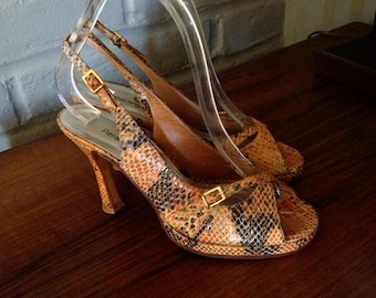 Rockabilly Pin Up Platform Shoes Snakeskin Embossed Genuine Leather Peep Toe Sling Back 90s does 40s Pumps Leather High Quality Sole Size 7