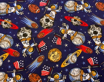 Vintage 70s Kid's fabric • Smiley Happy Face Space Man • Outer Space Planets + Sports Balls • Patriotic American Flag • MCM Mod Material •