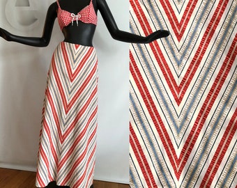 Seersucker Chevron Stripe Maxi Skirt | Vintage 70s A-Line Cotton | Hippie Boho Festival | Preppie Coastal | Red Blue Off White | BILL BLASS