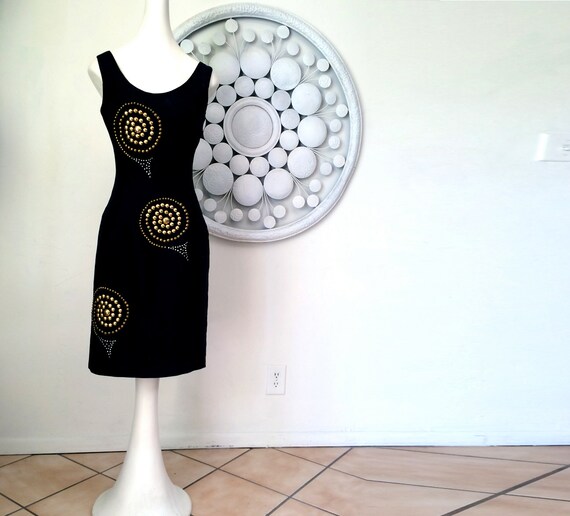 Studded Vintage 80s 90s Sexy Little Black Dress  Black Linen Mini Dress  Shift  Bodycon Body Con  Mod Club Clubbing Party  Geometric SM
