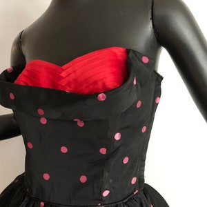 Polka Dot Rockabilly Dress Vintage 50s Pin Up Bombshell Prom Party Gown Black Pink Dots with Red Bust Full Circle Skirt Nautical SM image 5