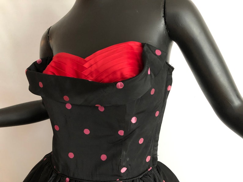 Polka Dot Rockabilly Dress Vintage 50s Pin Up Bombshell Prom Party Gown Black Pink Dots with Red Bust Full Circle Skirt Nautical SM image 5