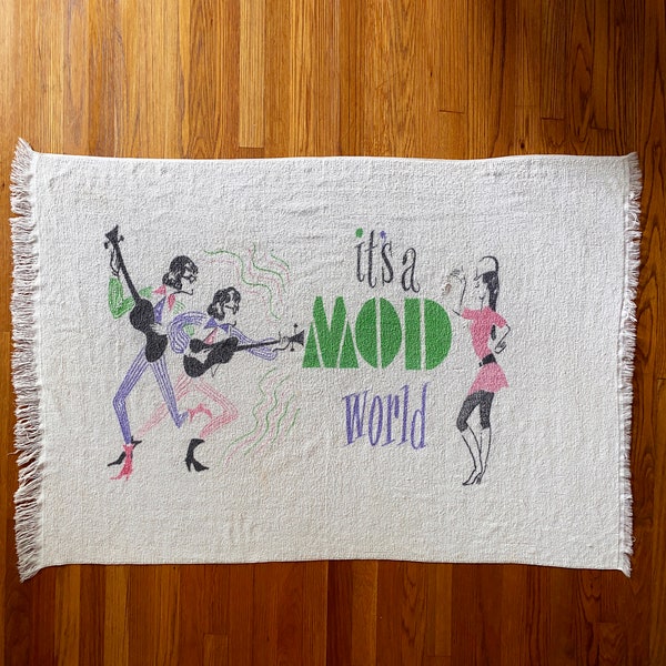 RARE Vintage 1960s "It's a MOD World" Beach Towel! | Beatles Rock and Roll Image & Go-Go Girl Design | Groovy Hippie Pool Accessory