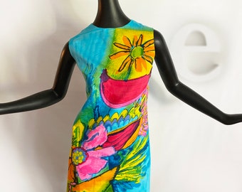 MOD Vintage 60s Shift Sheath Dress | Colorful Hawaiian Tiki Watercolor Bird Painting Print | Wearable Art | Sleeveless Summer Dress | Medium