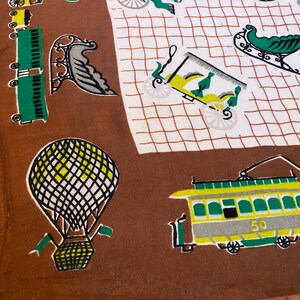 Vintage 40s 50s Transportation Scarf Hot Air Balloon Trolley Cable Car Train Covered Wagon Bicycle Sleigh Paddle Wheel Boat & More image 9