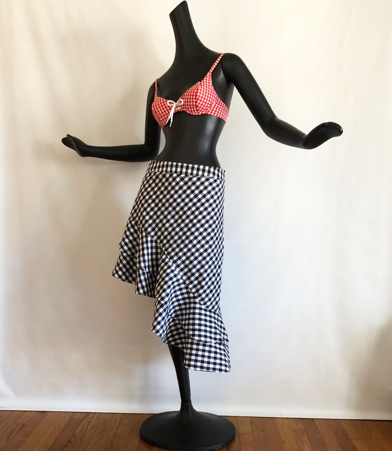 Gingham Rockabilly Ruffled Skirt Sexy Pin Up Bombshell Hippie Boho Festival Plaid Check Asymmetric High-Low Hemline High Waist or Low Rise image 5