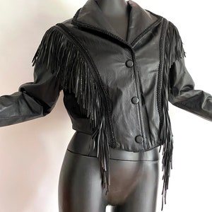 LARGE Black Leather Fringed Jacket Vintage 80s 90s Sexy Western Cowboy Punk Rocker Big Shoulders Nipped Waist Chevron Back Wilson's image 6