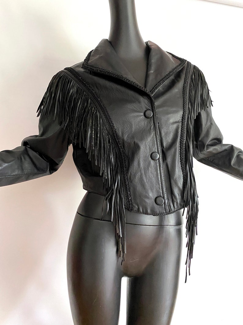 LARGE Black Leather Fringed Jacket Vintage 80s 90s Sexy Western Cowboy Punk Rocker Big Shoulders Nipped Waist Chevron Back Wilson's image 6