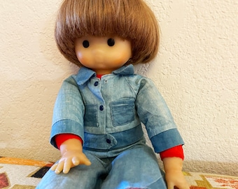 Rare Vintage 70s "Hippie" Boy Doll by Clodrey | Made in France | Blue Jean Denim Print Jacket & Bell Bottom Pans w/ Beatles Mop Top Haircut