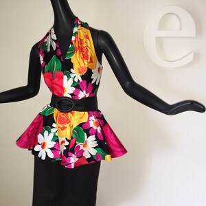 Vintage 80s Peplum Dress 1980s Party Halter Look Sexy Cut Out Back Pencil Skirt Black Multi Mod Flower Floral Flowered Medium Large Size 12