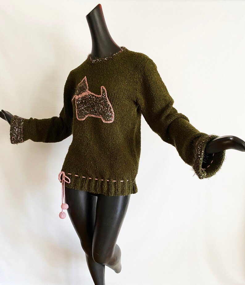 Handmade Scottie Dog Novelty Sweater One of a kind Hand Knit Deep Avocado / Olive Green Lilac Accents & Crocheted dingle ball drawstring image 5